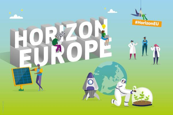 f3 Illustration of the Horizon Europe programme with large white letters ‘Horizon Europe’ surrounded by people working on science, technology, and sustainability, including a solar panel, a rocket, researchers, and an astronaut nurturing plants under a glass dome.