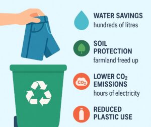Illustration showing a hand placing jeans into a recycling bin, with icons representing water savings, soil protection, reduced CO₂ emissions, and less plastic use.